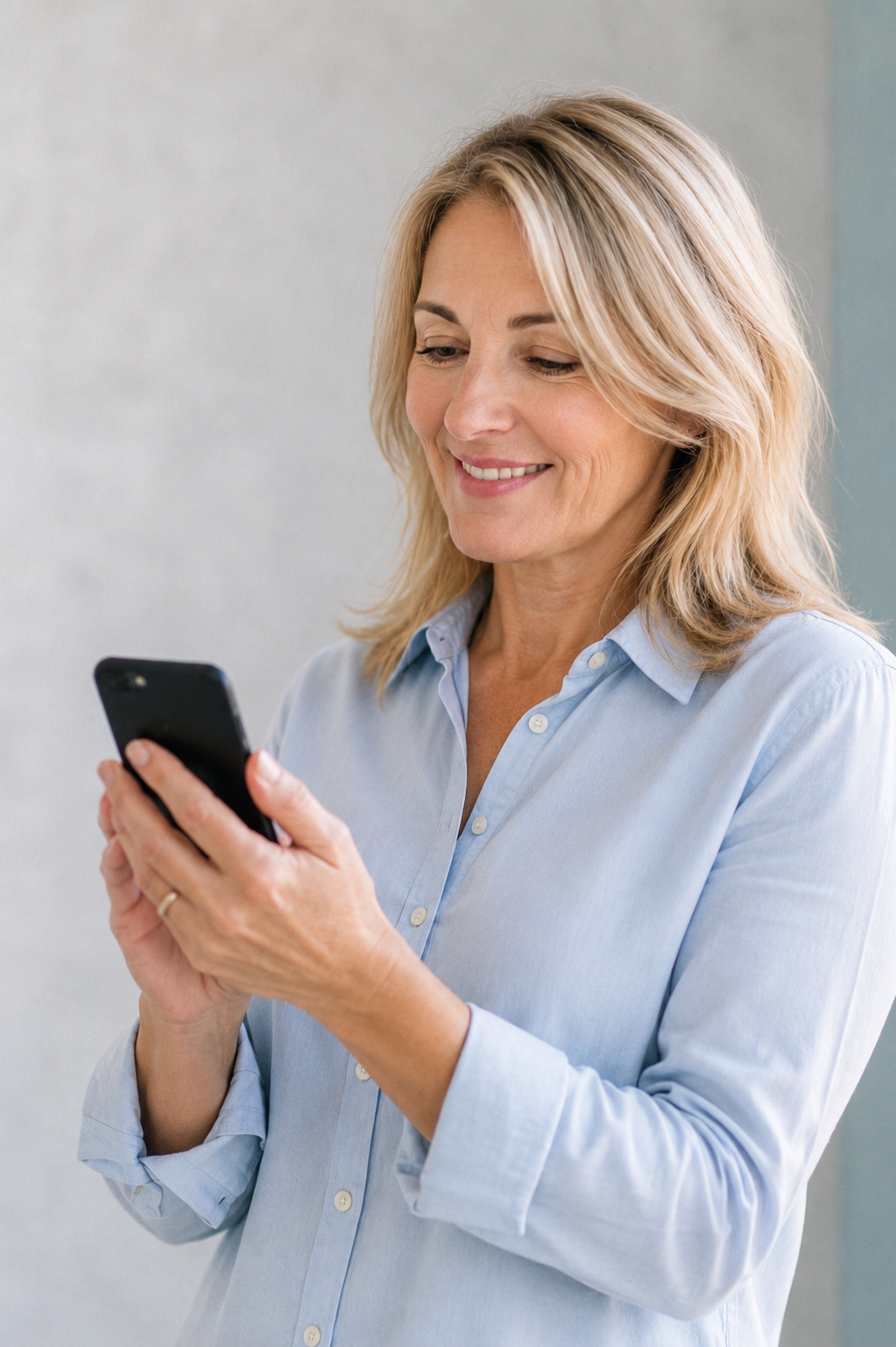Frau schaut sicher auf ihr Smartphone